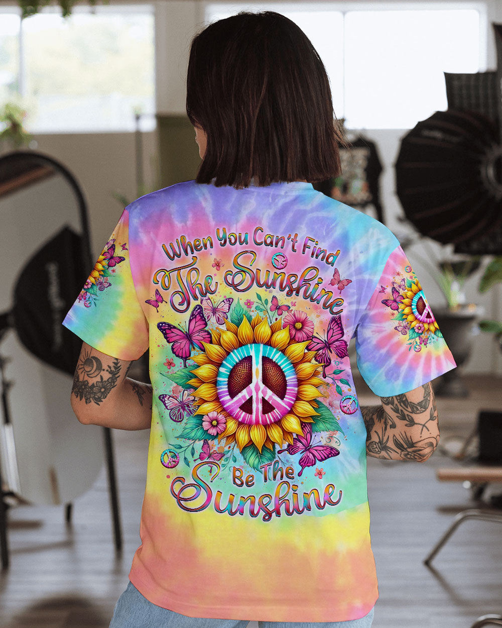 Can_E2_80_99t Find the Sunshine Be the Sunshine Tie Dye Sunflower Peace Sign AOP Shirts _1_ XqNon