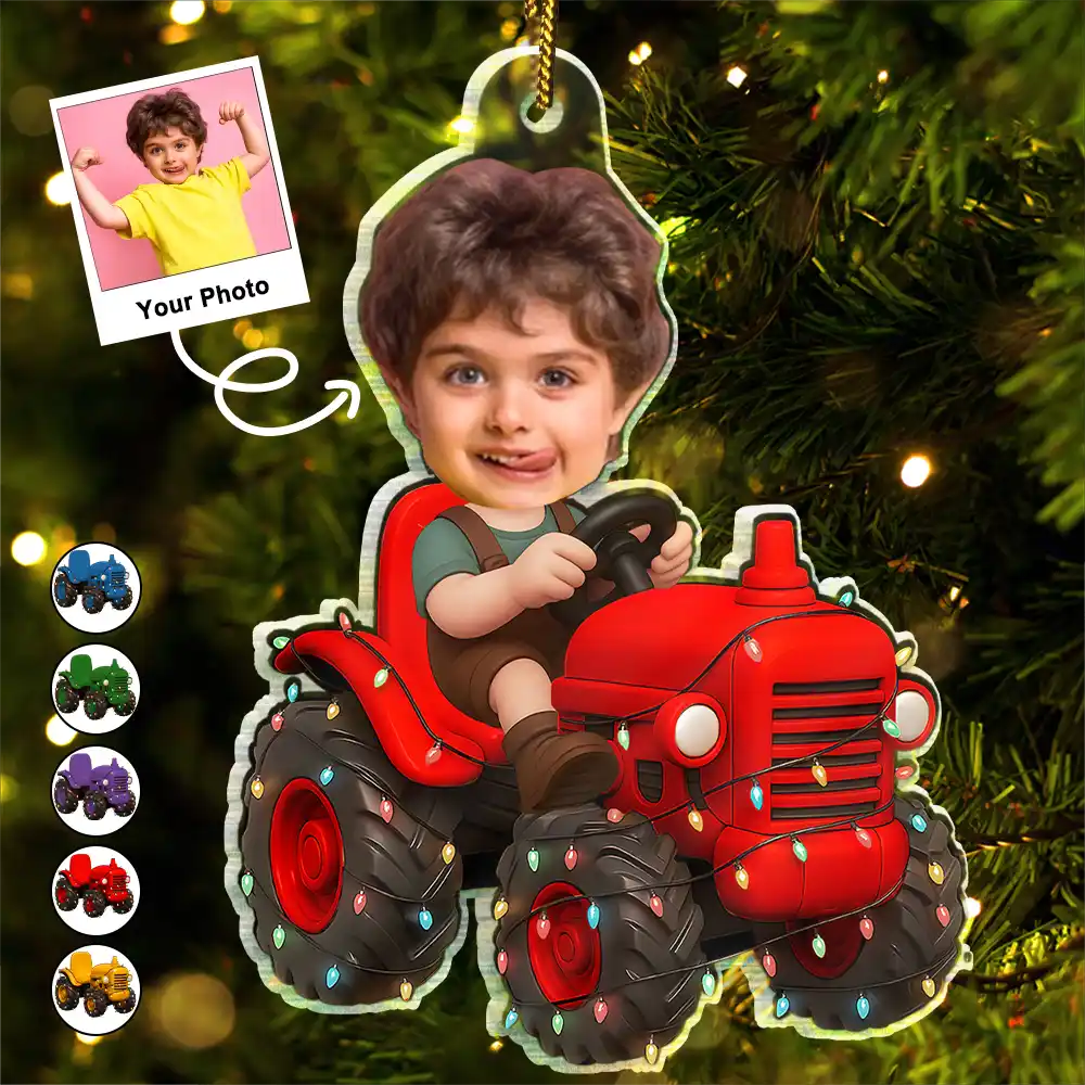 CustomPhotoChristmasKidDrivingTractor PersonalizedAcrylicPhotoOrnament TG064 CLA1534 Mockupdef