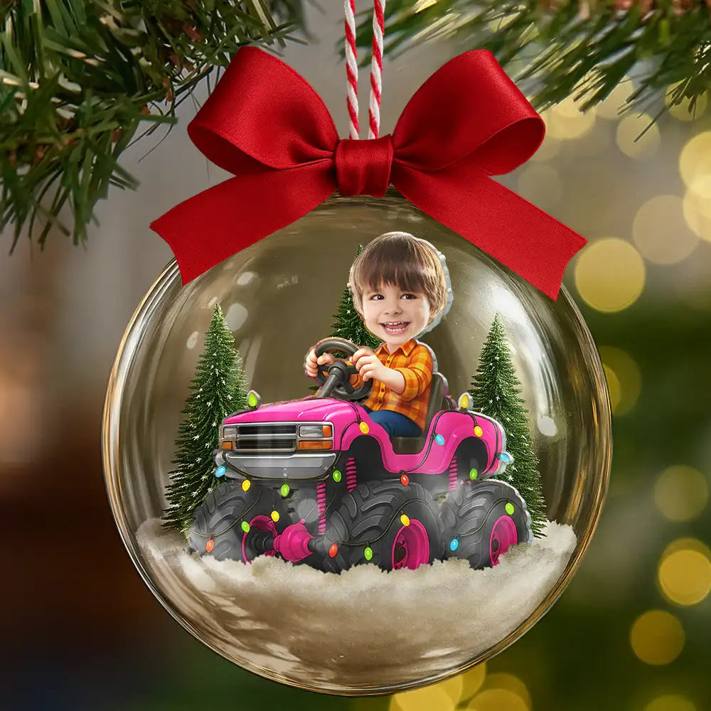 CustomPhotoFaceKidRidingMonsterTruck Personalized3DAcrylicBallOrnament AH1133 Mk5