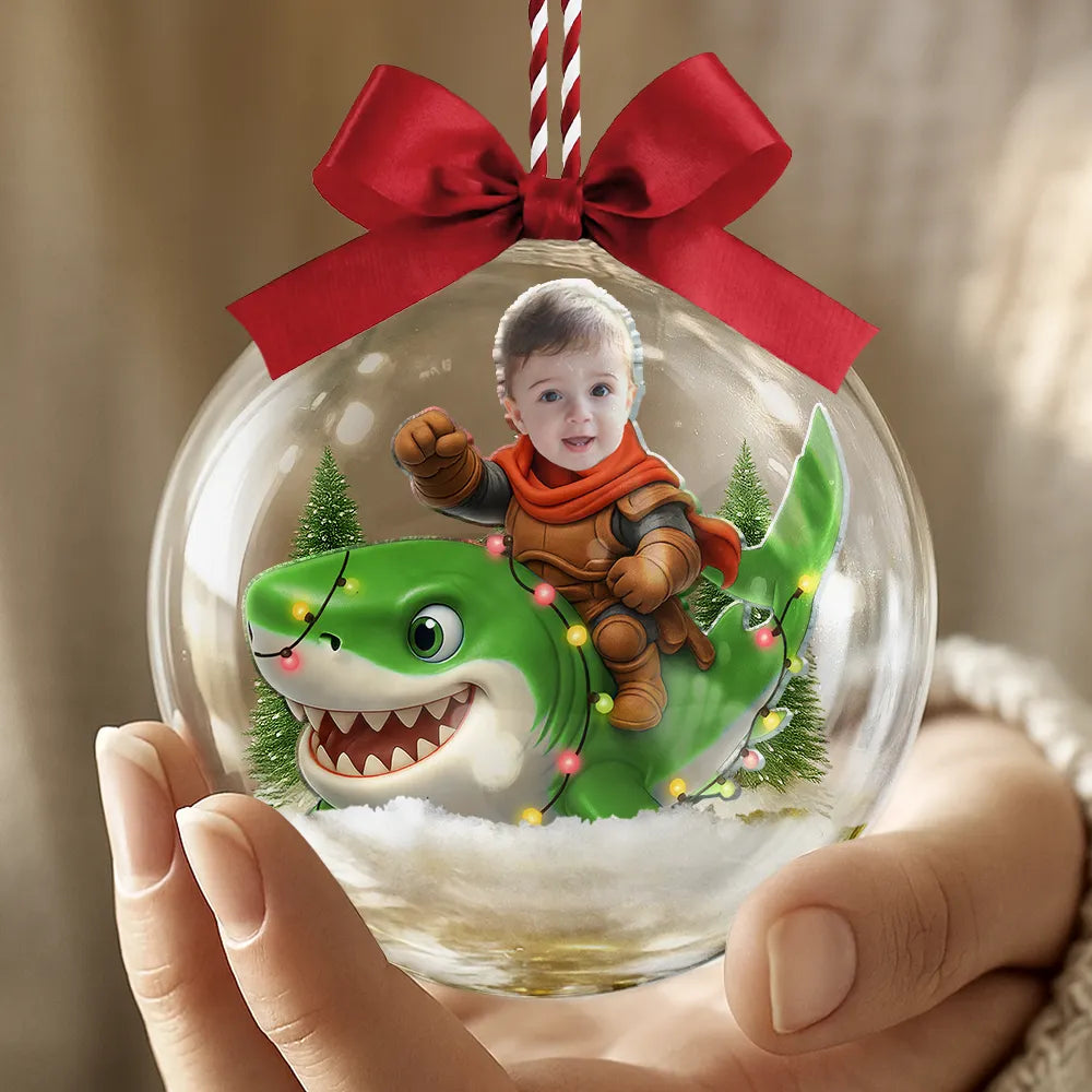 CustomPhotoFunnyKidFaceRidingShark Personalized3DAcrylicBallOrnament AH1131 Mk 3