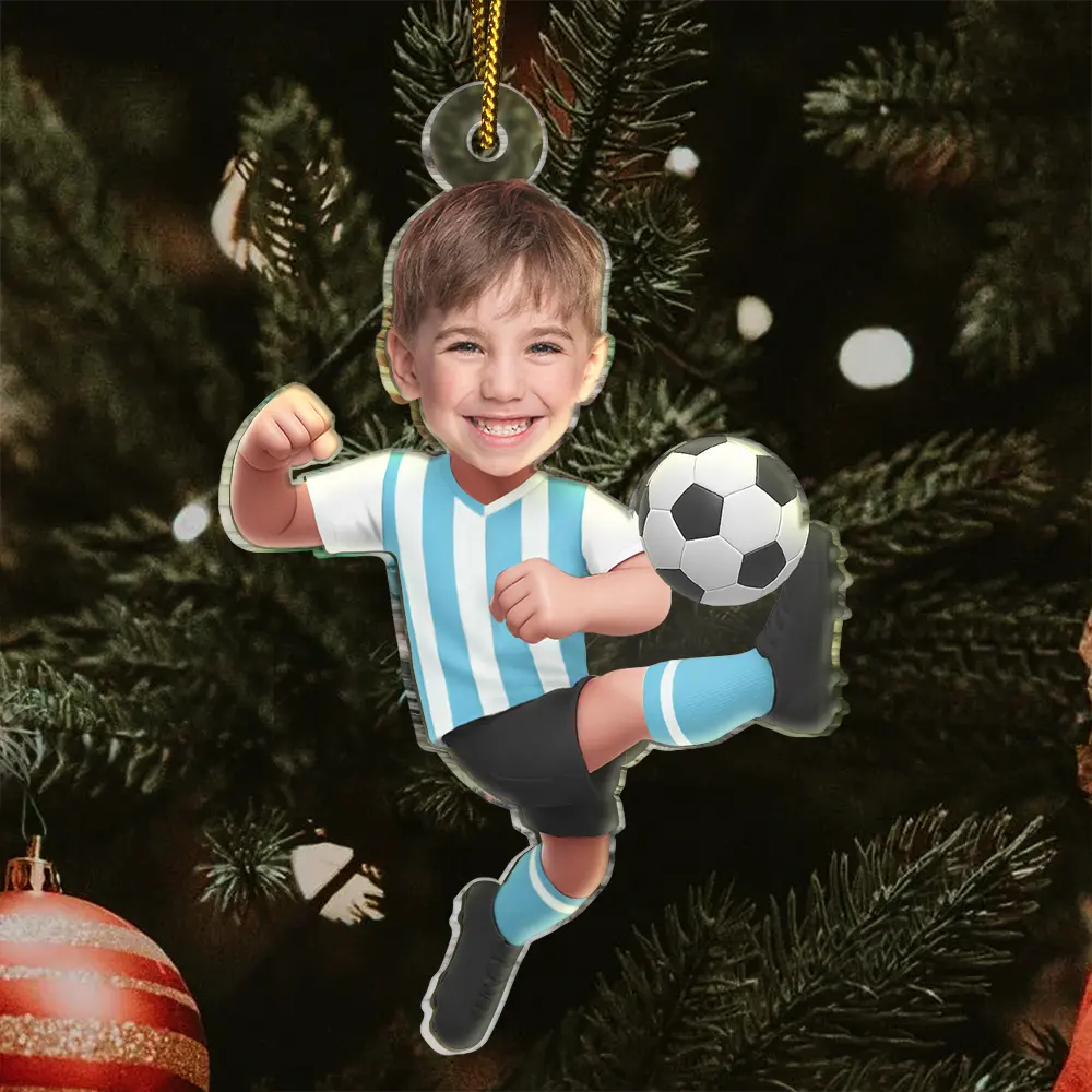 CustomPhotoKidPlayingFootball PersonalizedAcrylicPhotoOrnament TK858 CLA1530 MkWebs2