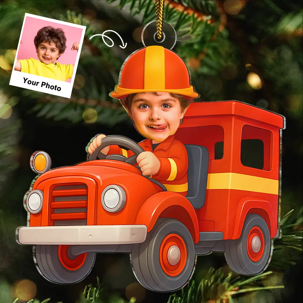 CustomPhotoKidRidingFireTruck PersonalizedAcrylicPhotoOrnament TK843 CLA1528 MkDEF