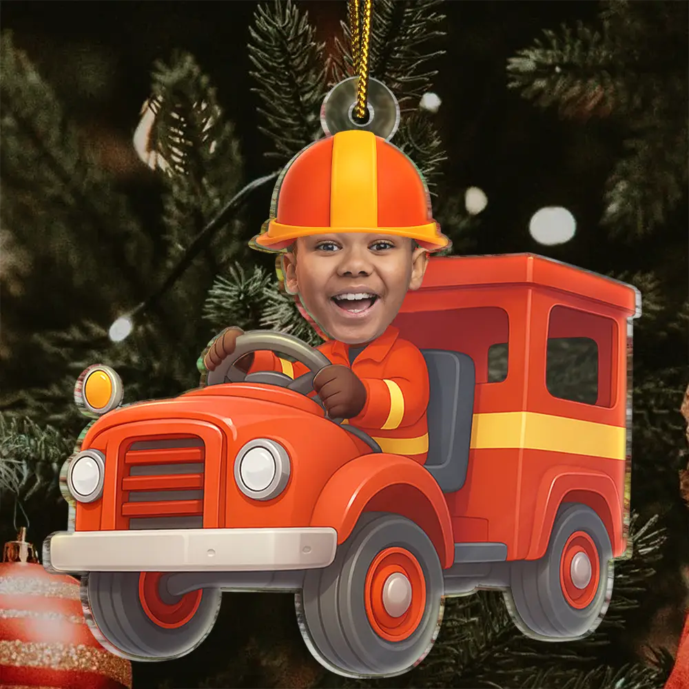 CustomPhotoKidRidingFireTruck PersonalizedAcrylicPhotoOrnament TK843 CLA1528 MkWebs2