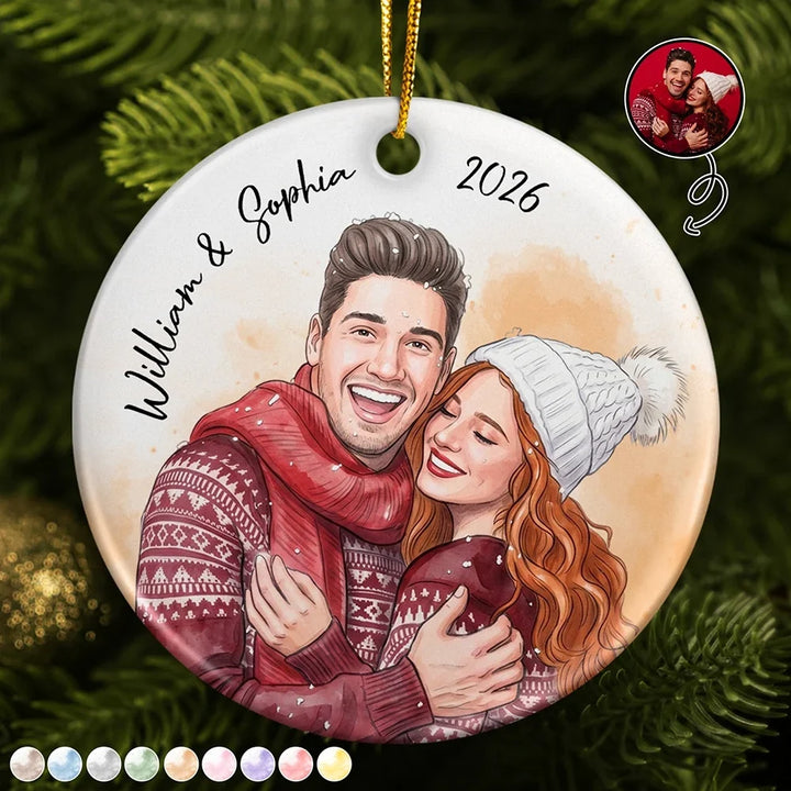 Custom Photo Vivid Watercolor Art Anniversary Loving Couple - Personalized Circle Ceramic Ornament MH01