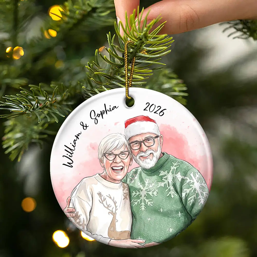 CustomPhotoVividWatercolorArtAnniversaryLovingCouple PersonalizedCircleCeramicOrnament MK3