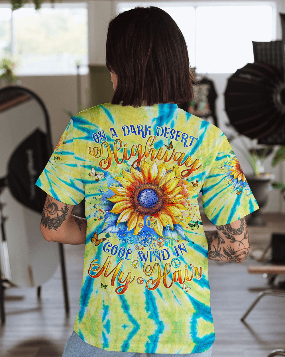 Desert Highway Cool Wind in My Hair Sunflower Peace Signs Tie Dye AOP Shirts _10_ 7GNdT