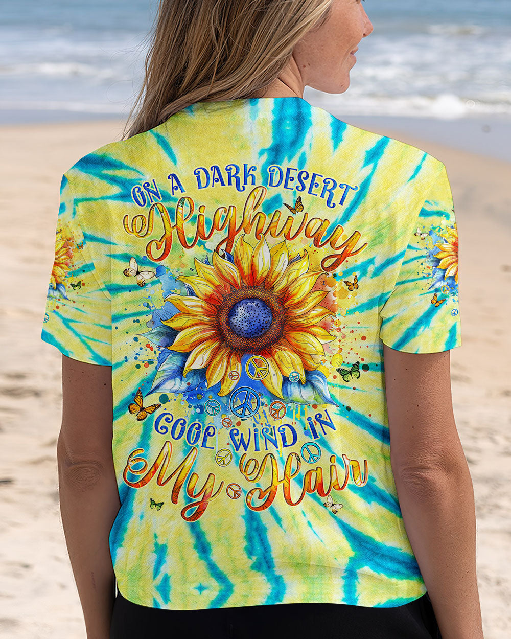 Desert Highway Cool Wind in My Hair Sunflower Peace Signs Tie Dye AOP Shirts _12_ MnhOd