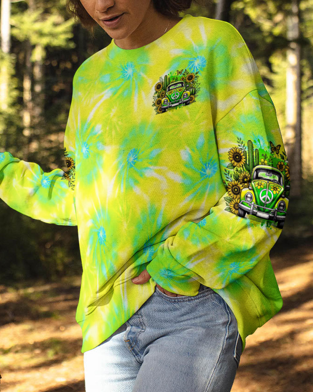 Desert Highway Cool Wind in My Hair Tie Dye Green Car and Sunflower AOP Shirts _13_ JjS60