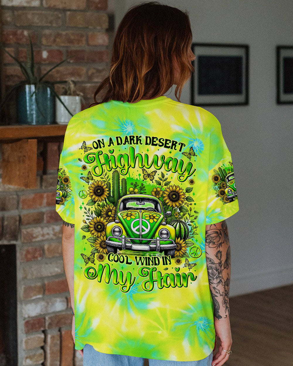 Desert Highway Cool Wind in My Hair Tie Dye Green Car and Sunflower AOP Shirts _8_ enfyM