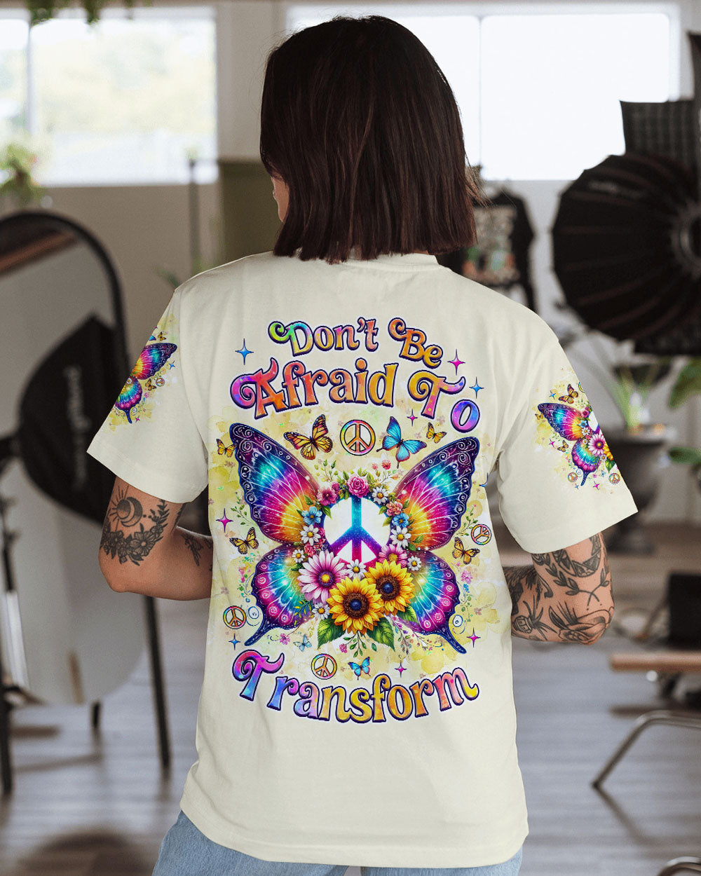 Don_E2_80_99t Be Afraid to Transform Peace Butterfly Floral Graphic AOP Shirts _1_ 5bYAo