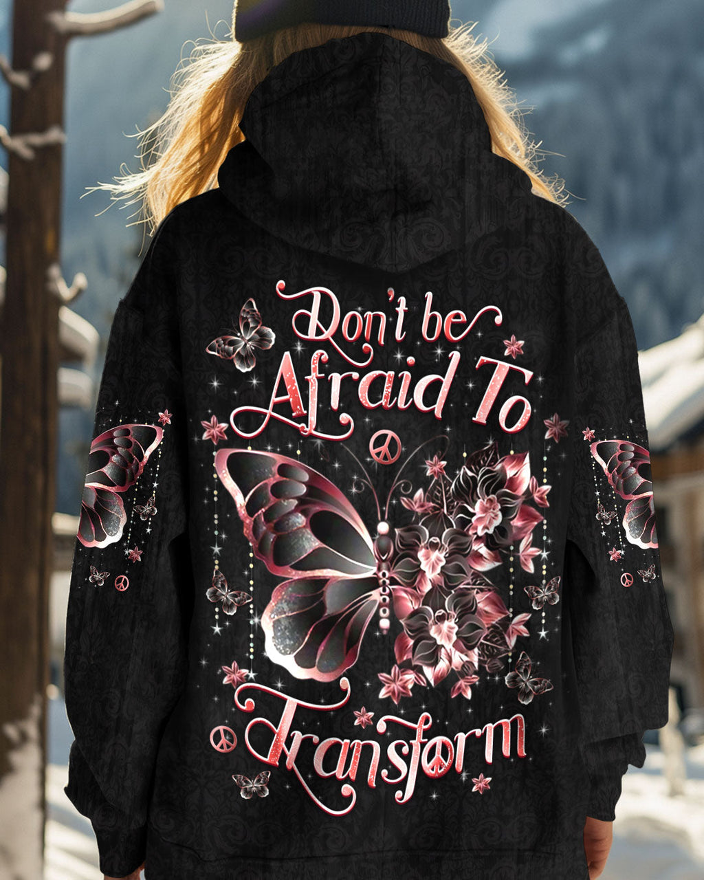 Don_E2_80_99t Be Afraid to Transform Peace Pink Butterfly Floral Graphic AOP Shirts _1_ YjD6h