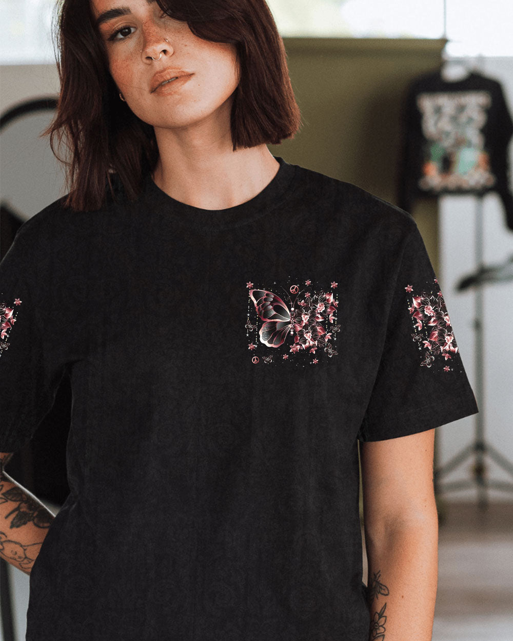Don_E2_80_99t Be Afraid to Transform Peace Pink Butterfly Floral Graphic AOP Shirts _9_ vu7nS