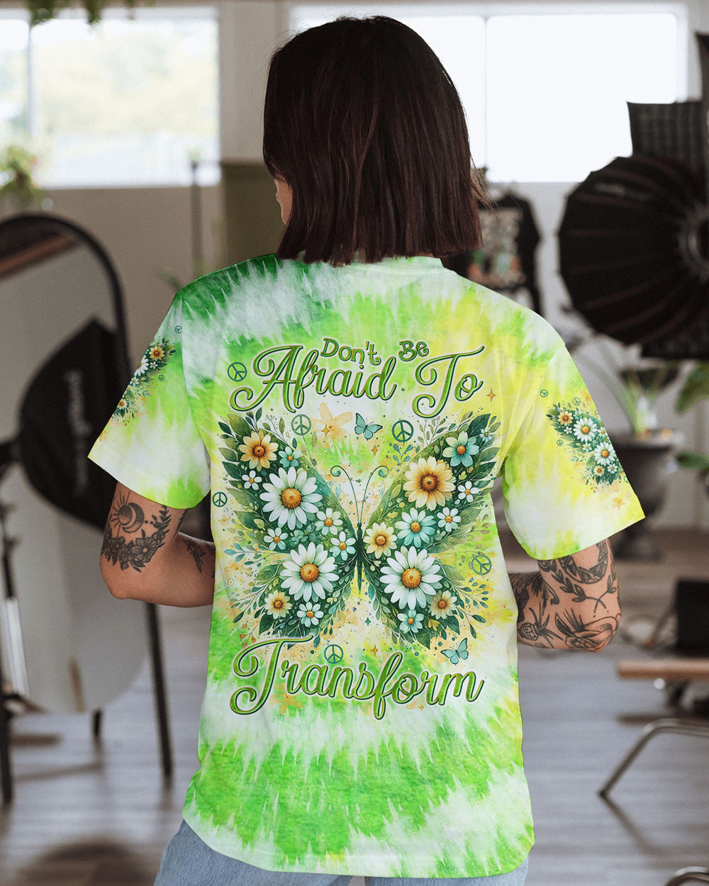 Don_E2_80_99t Be Afraid to Transform Tie Dye Butterfly Motivational Hippie Style for Women AOP Shirts _1_ r9OfX