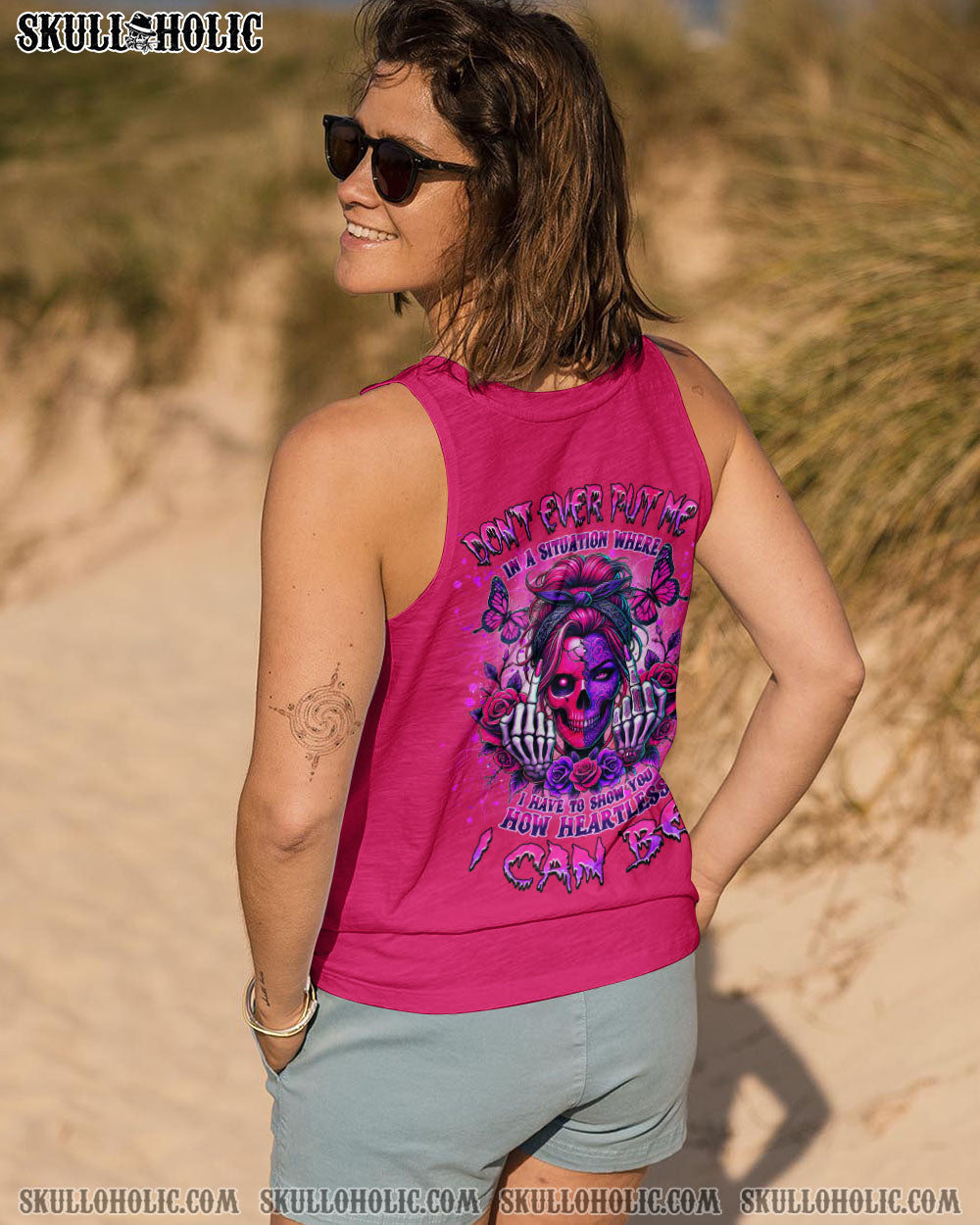 Dont Ever Put Me I Can Be Pink Skull and Rose Gothic Attitude Graphic AOP Shirts _14_ rl7su