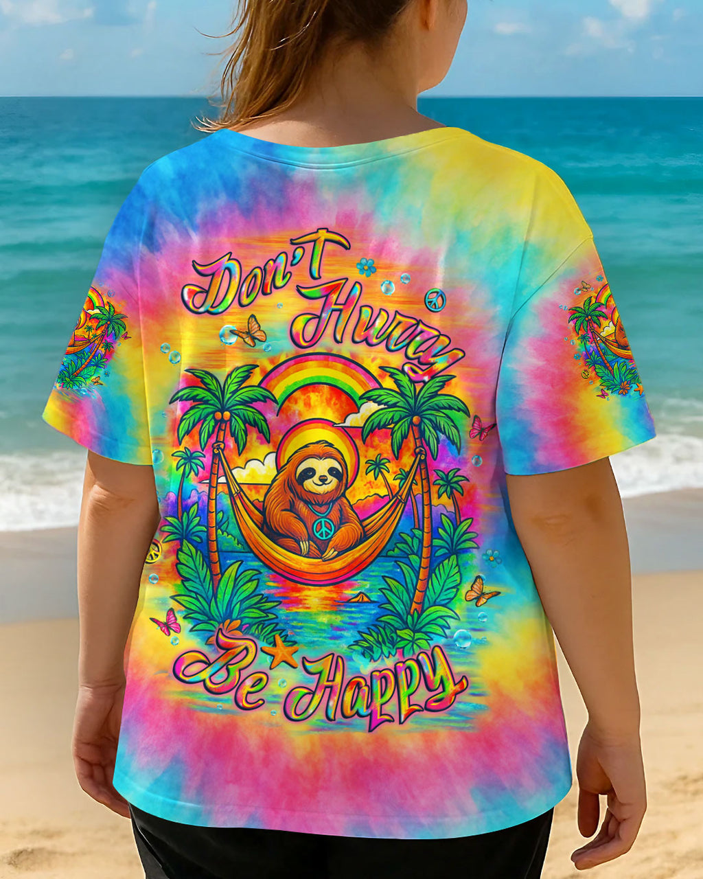 Dont Hurry Be Happy Tie Dye Sloth with Peace Sign and Palm Trees AOP Shirts _1_ FWjOv