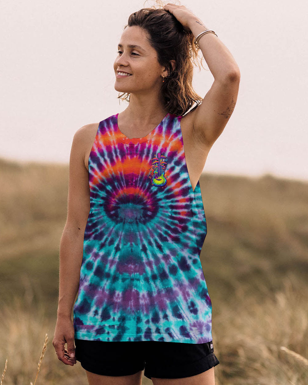 Eat Mushrooms See the Universe Tie Dye Psychedelic Graphic Tee with Guitar for Women AOP Shirts _12_ wGwN2