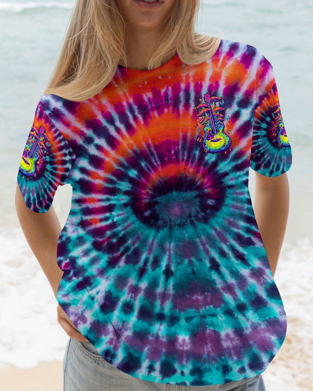 Eat Mushrooms See the Universe Tie Dye Psychedelic Graphic Tee with Guitar for Women AOP Shirts _2_ Y7ZoB