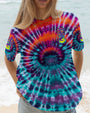 Eat Mushrooms See the Universe Tie Dye Psychedelic Graphic Tee with Guitar for Women AOP Shirts _2_ Y7ZoB