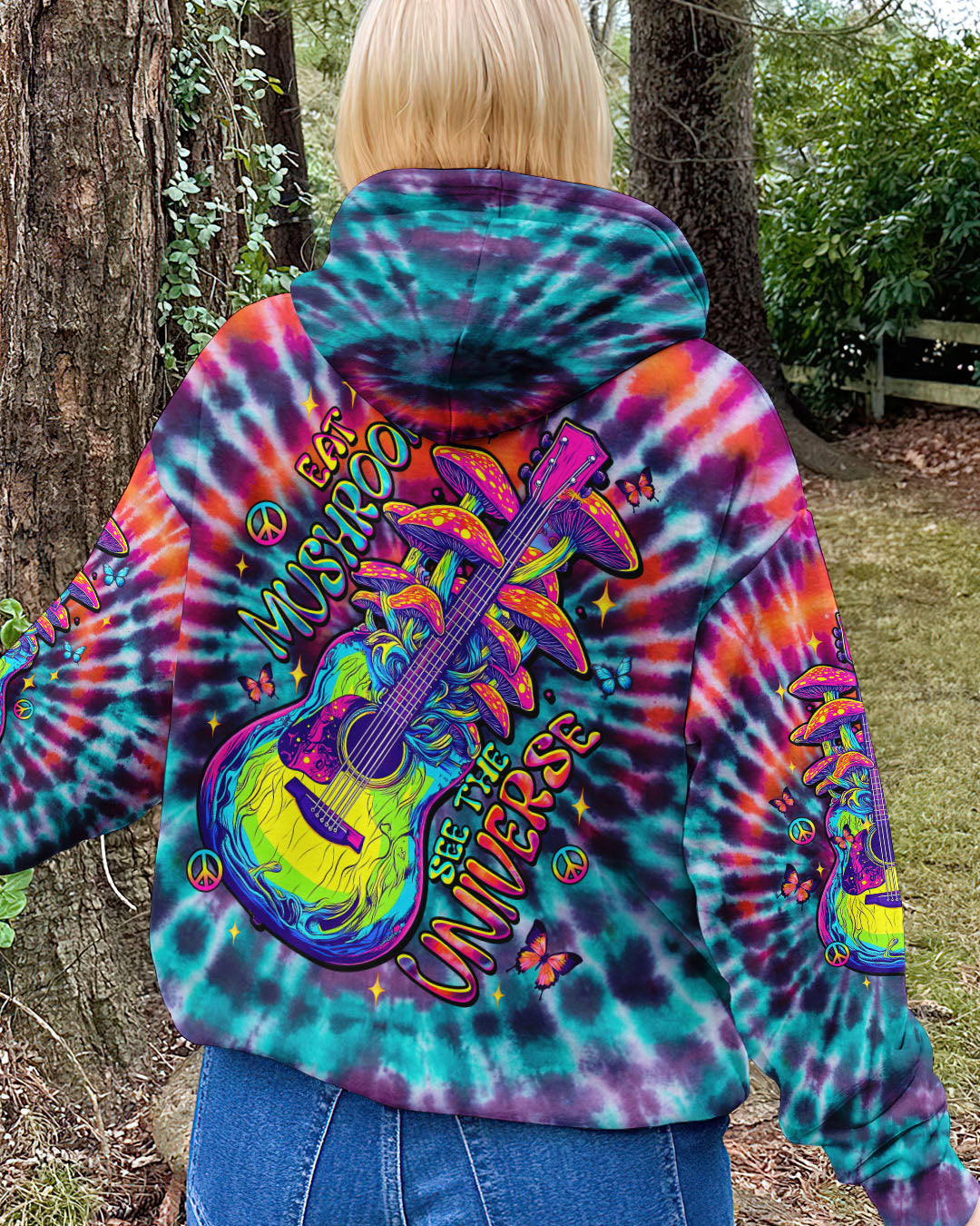 Eat Mushrooms See the Universe Tie Dye Psychedelic Graphic Tee with Guitar for Women AOP Shirts _7_ PBFXd