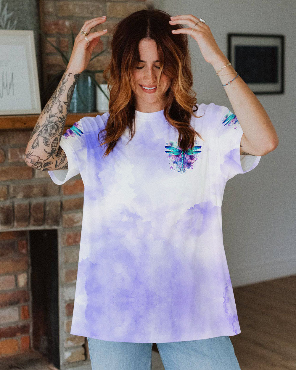 Every Little Thing Is Gonna Be Alright Peacefu Purple Dragonfly Inspirational Graphic AOP Shirts _2_ HGaqd