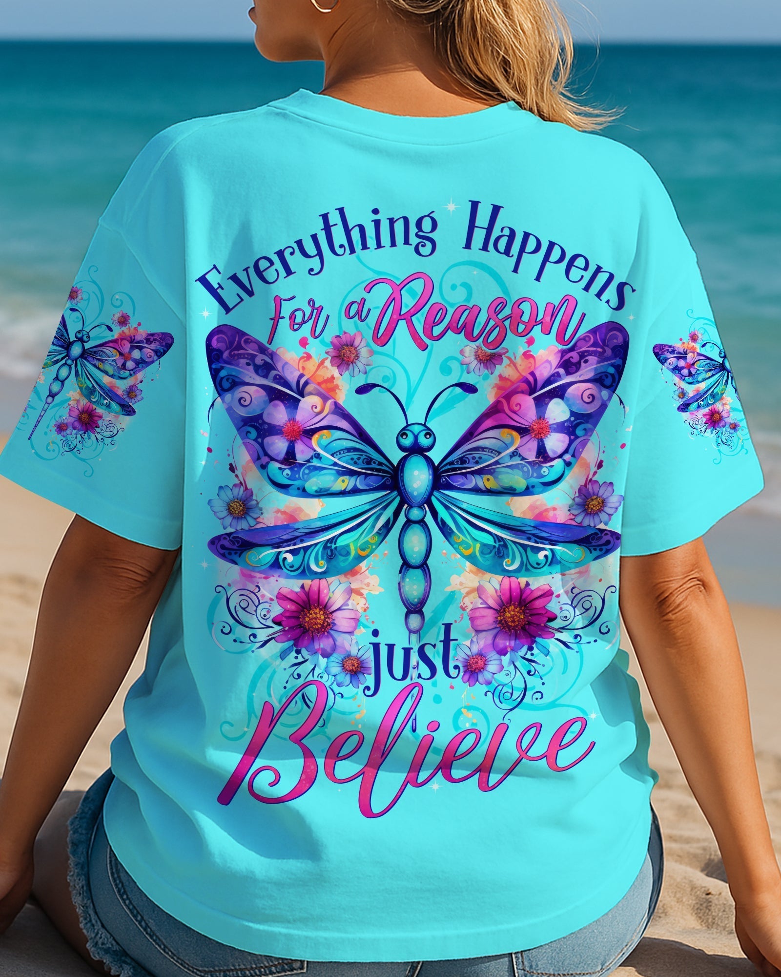 Everything Happens for a Reason Just Believe Dragonfly and Flower Design AOP Shirts _3_ 4Krg5