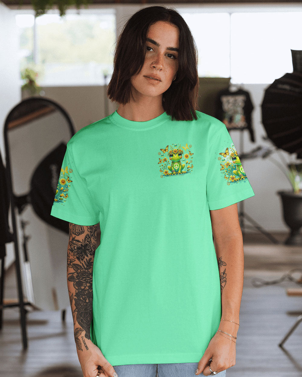 Everything Happens for a Reason Just Believe Green Frog Peace Sign Hippie AOP Shirts _12_ hHXYm