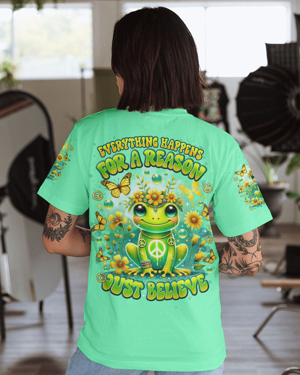 Everything Happens for a Reason Just Believe Green Frog Peace Sign Hippie AOP Shirts _1_ 50g1M