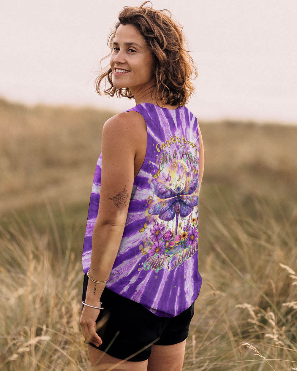 Everything Happens for a Reason Just Believe Purple Tie Dye Dragonfly AOP Shirts _11_ Ddowh