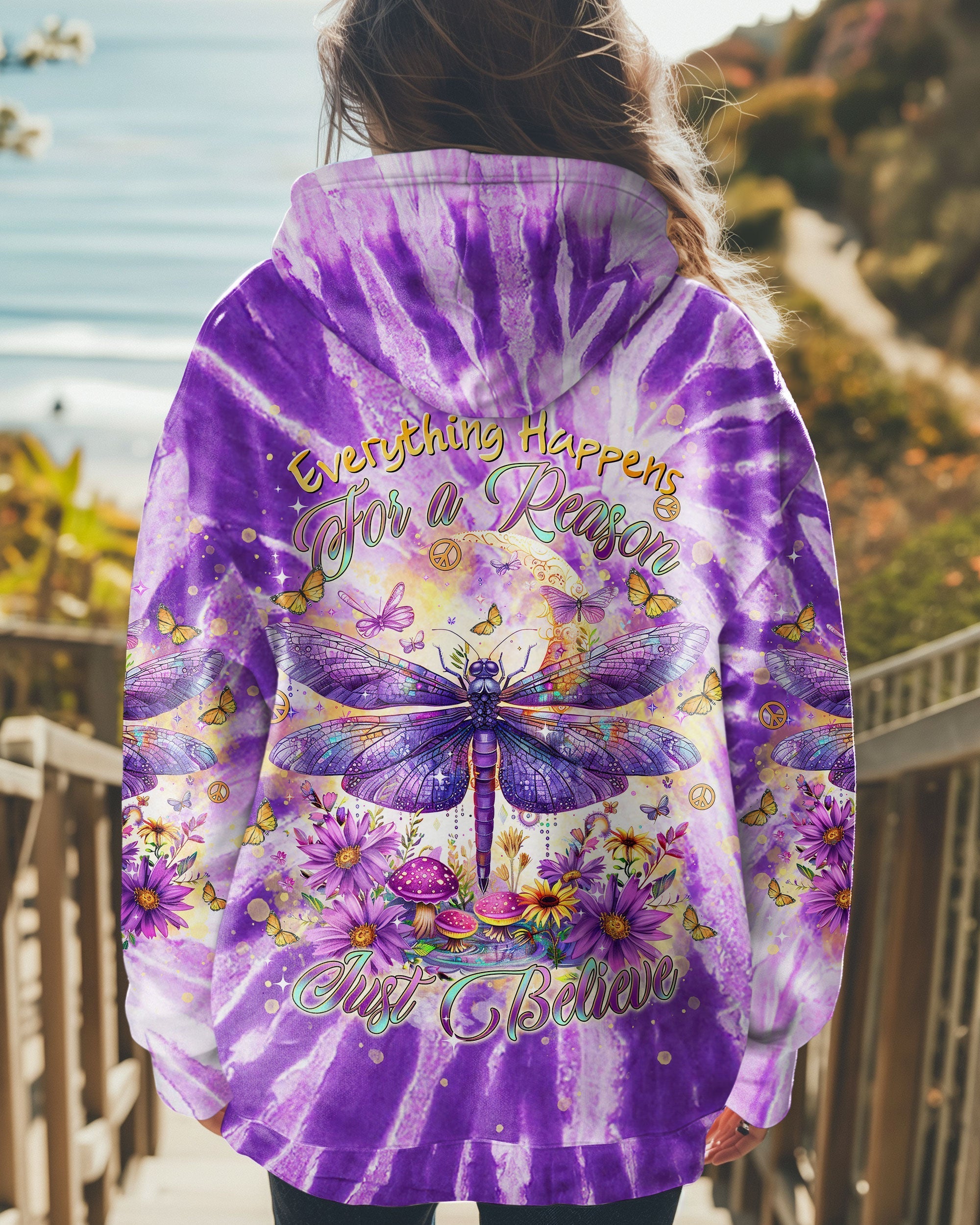 Everything Happens for a Reason Just Believe Purple Tie Dye Dragonfly AOP Shirts _5_ QlSnc
