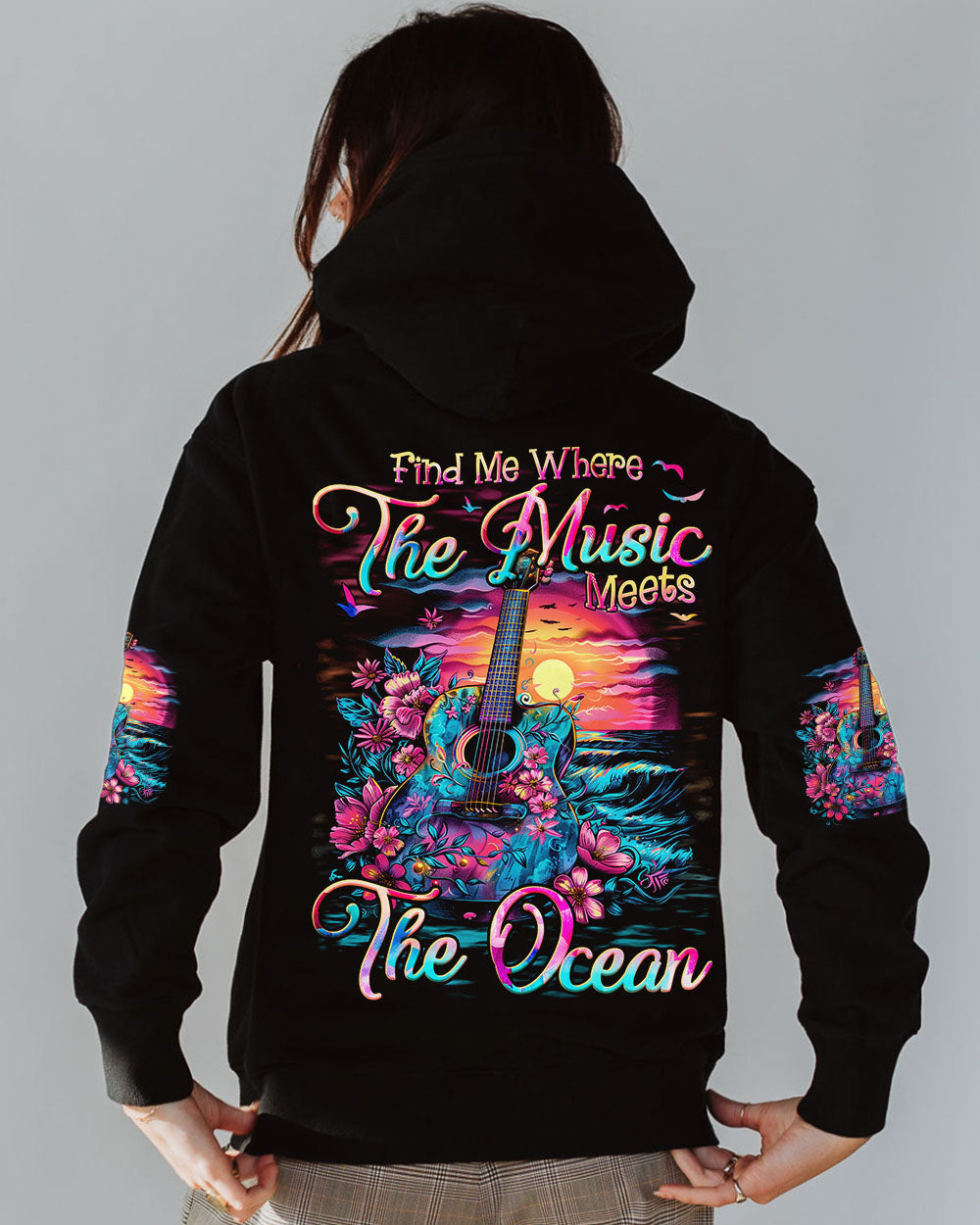 Find Me Where the Music Meets the Ocean Guitar Beach Floral Graphic AOP Shirts _12_ 5tR2I