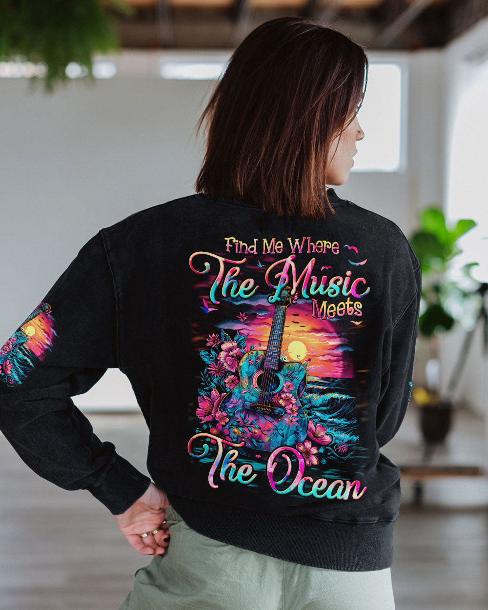 Find Me Where the Music Meets the Ocean Guitar Beach Floral Graphic AOP Shirts _7_ JfJLZ