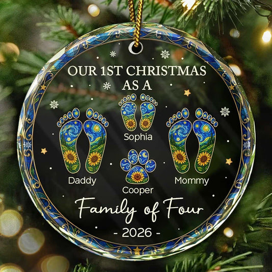 FirstChristmasAsAFamilyOfFourSunflowerFootprints PersonalizedCircleGlassOrnament DEF