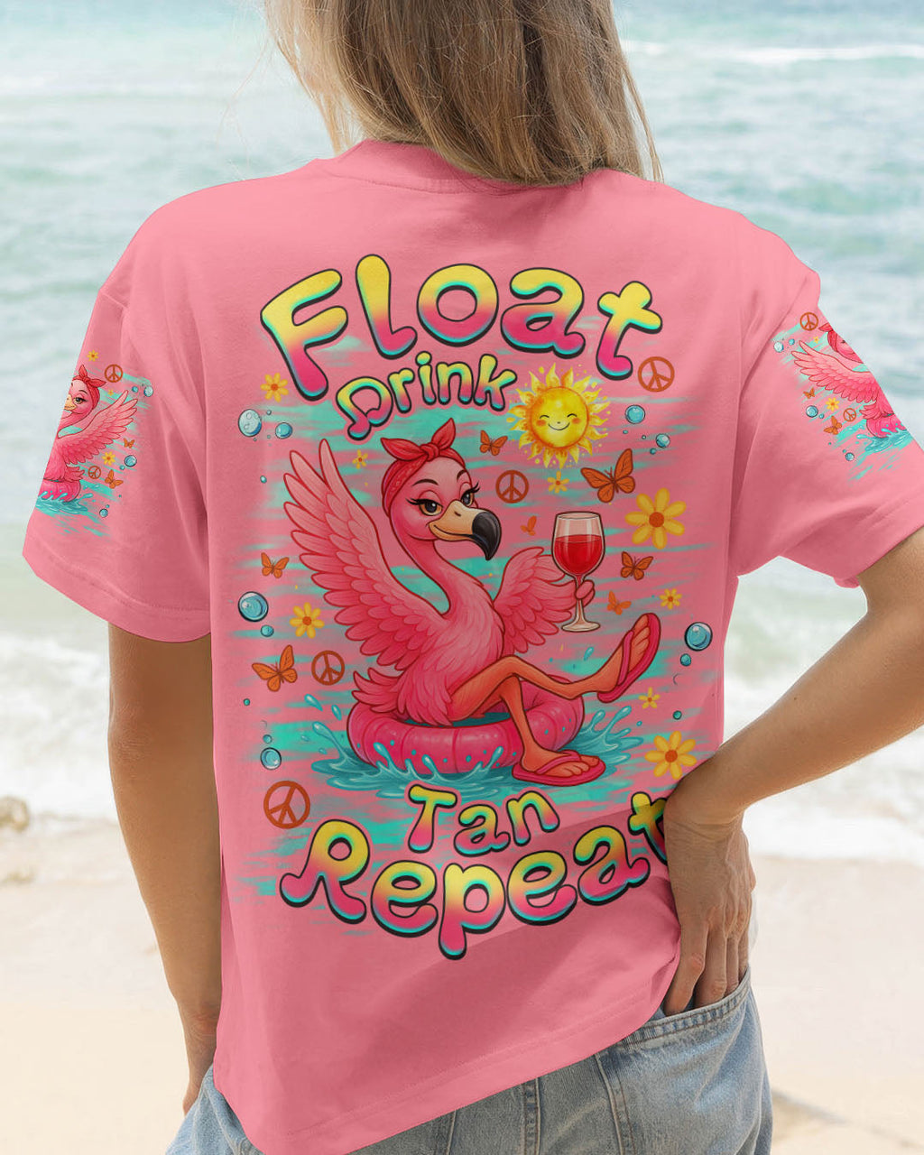 Float Drink Tan Repeat Funny Flamingo Pink Summer Vibes Design for Women AOP Shirts _1_ 0dQVZ