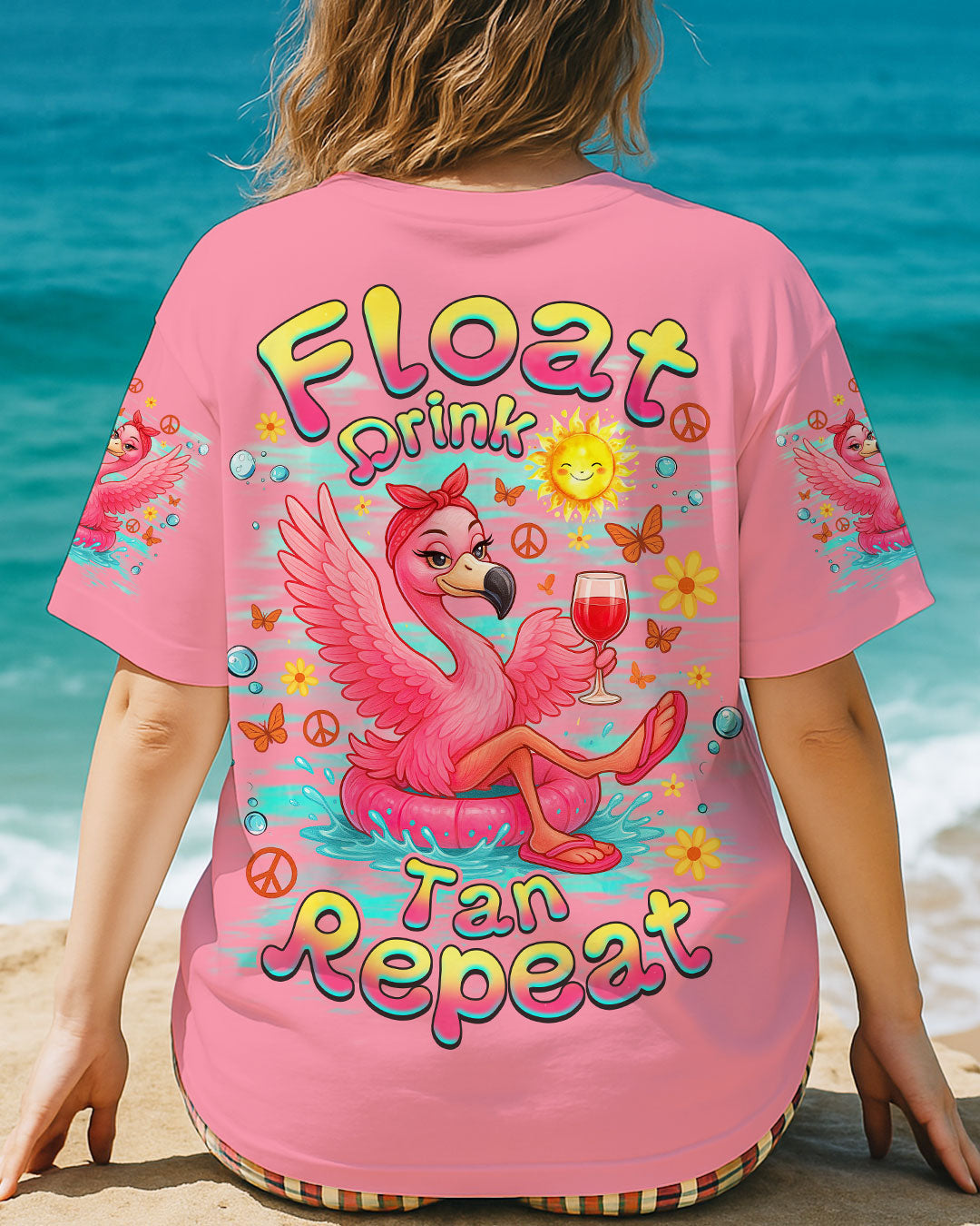 Float Drink Tan Repeat Funny Flamingo Pink Summer Vibes Design for Women AOP Shirts _3_ T22Ll