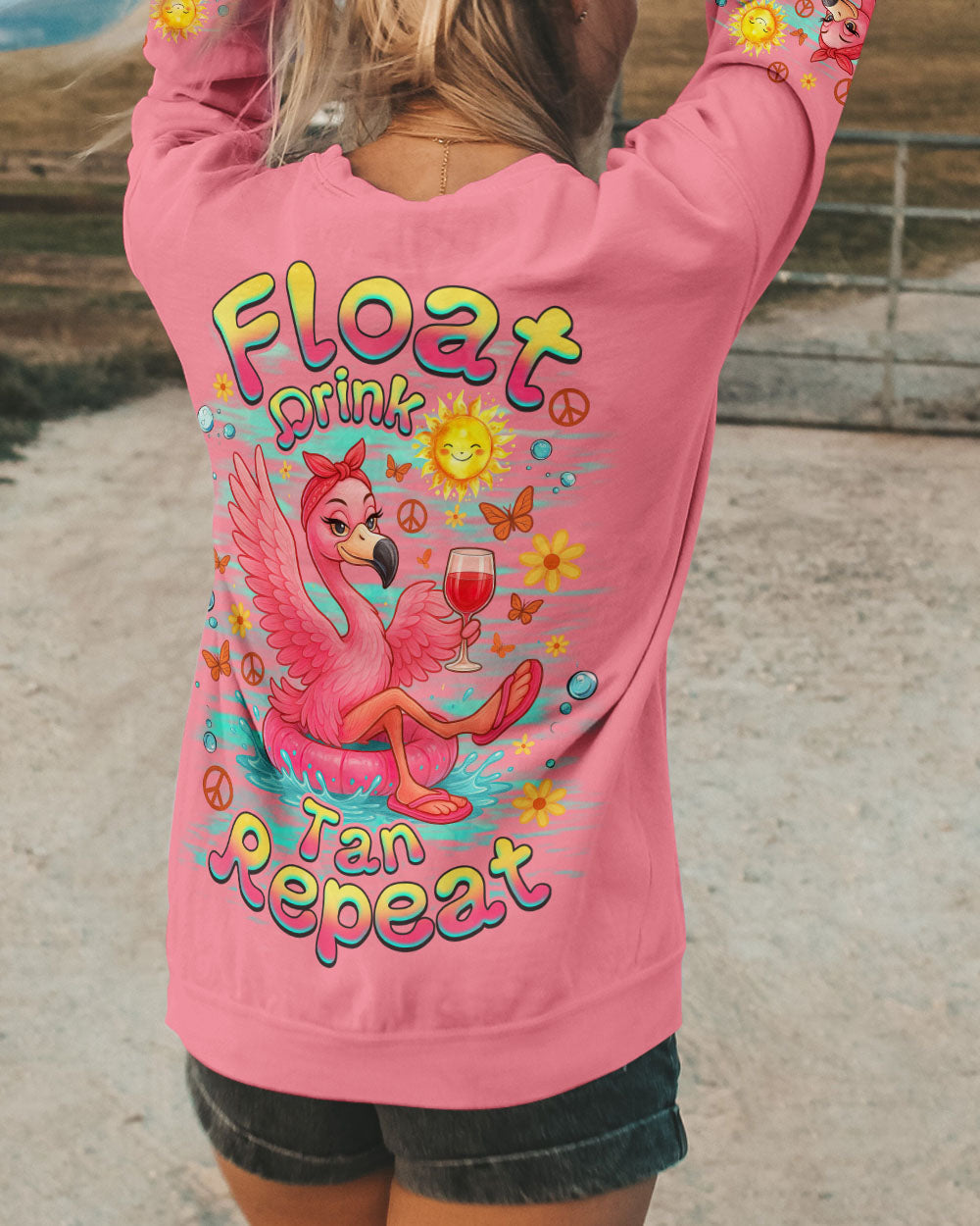 Float Drink Tan Repeat Funny Flamingo Pink Summer Vibes Design for Women AOP Shirts _9_ mnTnm