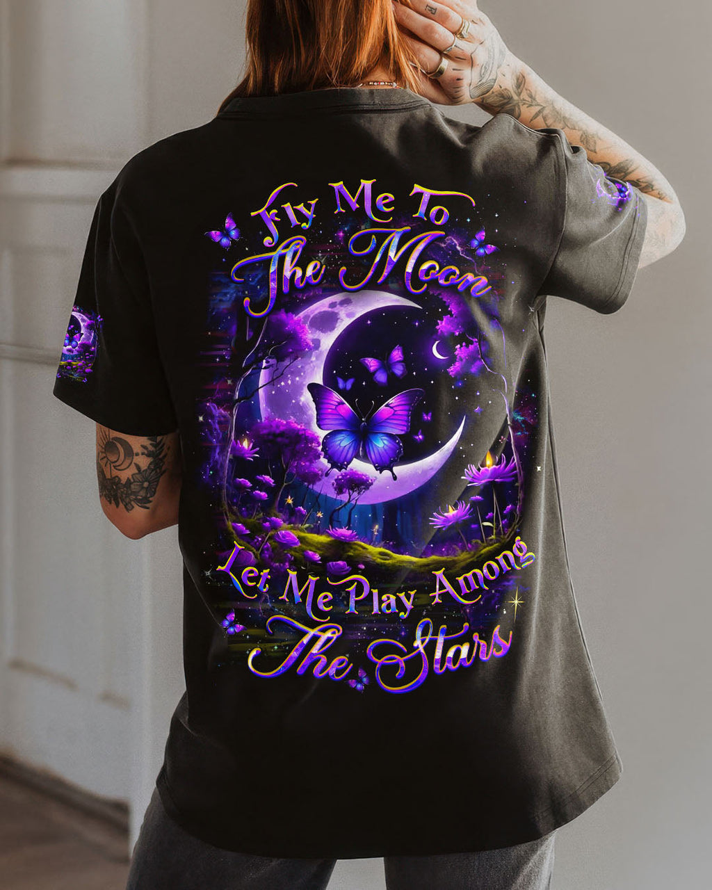 Fly Me to the Moon Let Me Play Among the Stars Purple Moon Butterfly AOP Shirts _1_ 0j5Lr