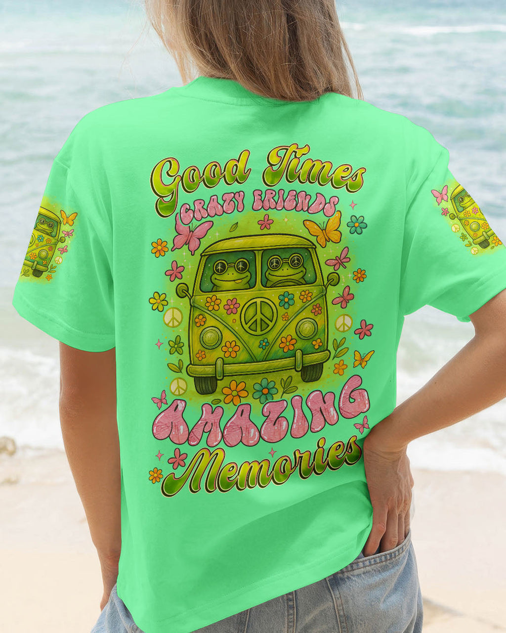 Good Times Crazy Friends Amazing Memories Frog with Van Car Design for Women AOP Shirts _1_ mDoSr