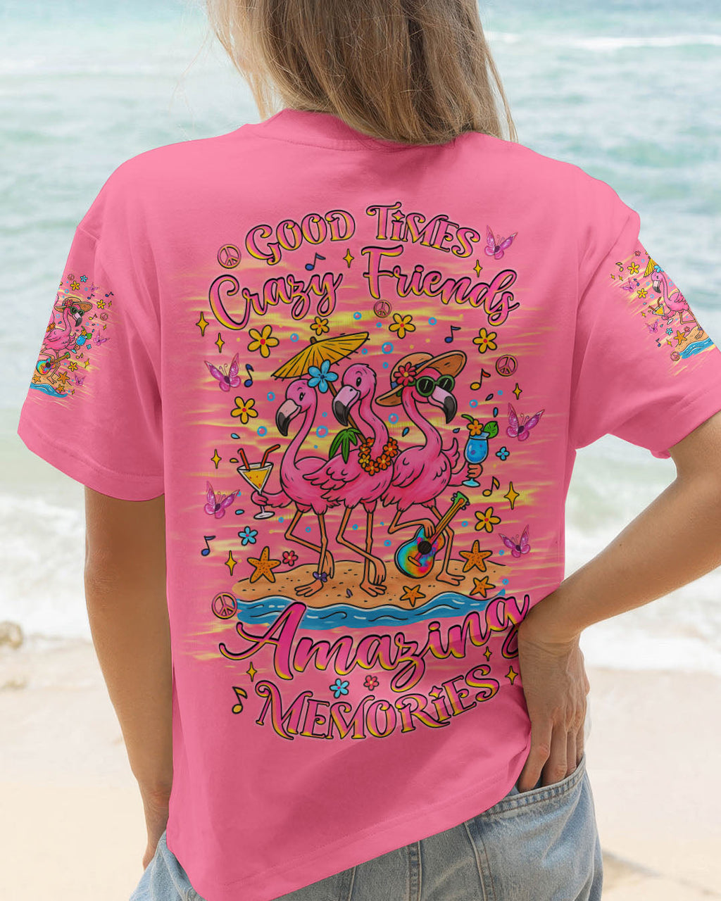 Good Times Crazy Friends Flamingo Fun and Colorful Summer Graphic Tee for Women AOP Shirts _1_ ulowZ