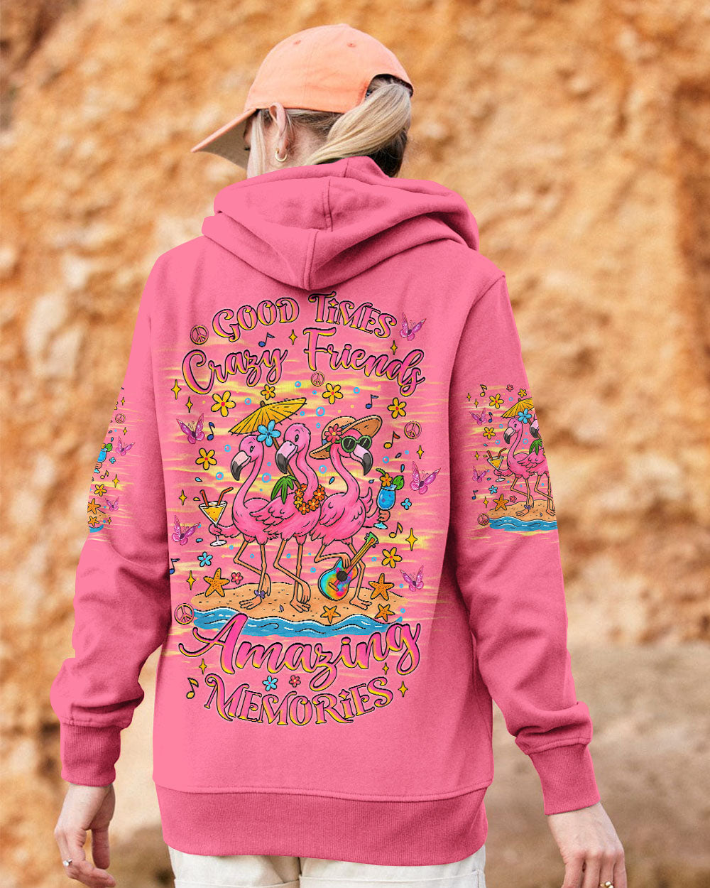 Good Times Crazy Friends Flamingo Fun and Colorful Summer Graphic Tee for Women AOP Shirts _2_ yTlUL