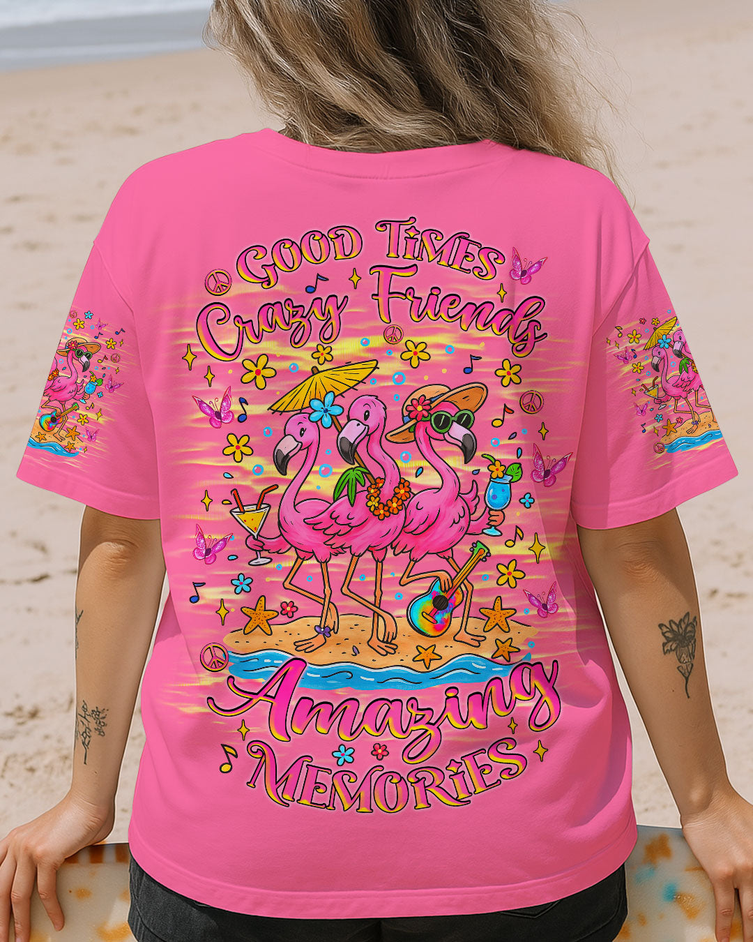 Good Times Crazy Friends Flamingo Fun and Colorful Summer Graphic Tee for Women AOP Shirts _4_ b4JE3