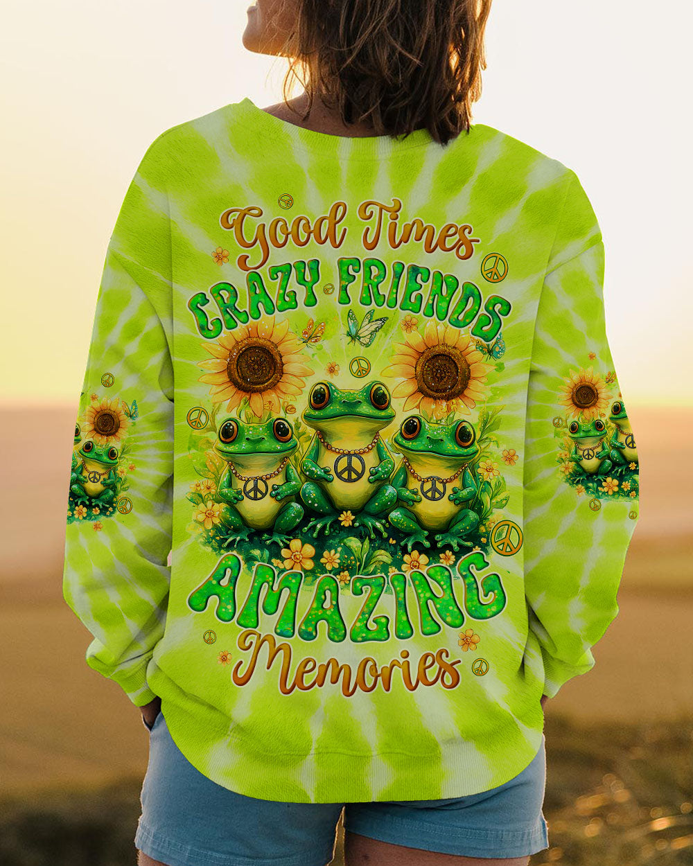 Good Times Crazy Friends Frog Fun Tie Dye with Sunflowers Graphic Tee for Women AOP Shirts _10_ LyKoz