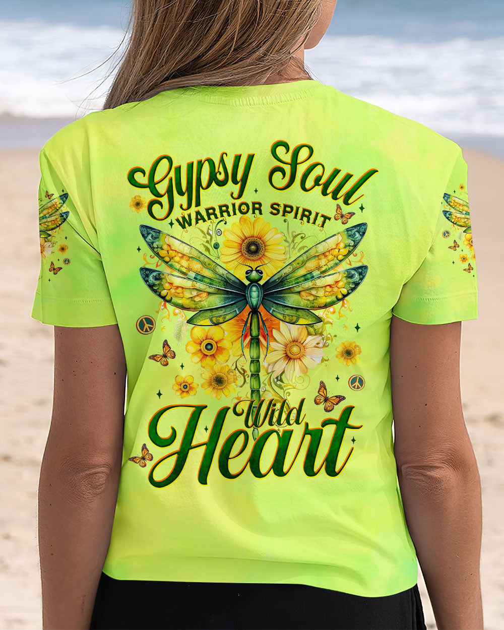 Gypsy Soul Warrior Spirit Wild Heart Dragonfly and Sunflowers Graphic AOP Shirts _5_ vxbCD