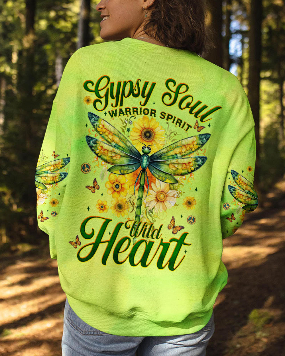 Gypsy Soul Warrior Spirit Wild Heart Dragonfly and Sunflowers Graphic AOP Shirts _9_ KcukQ