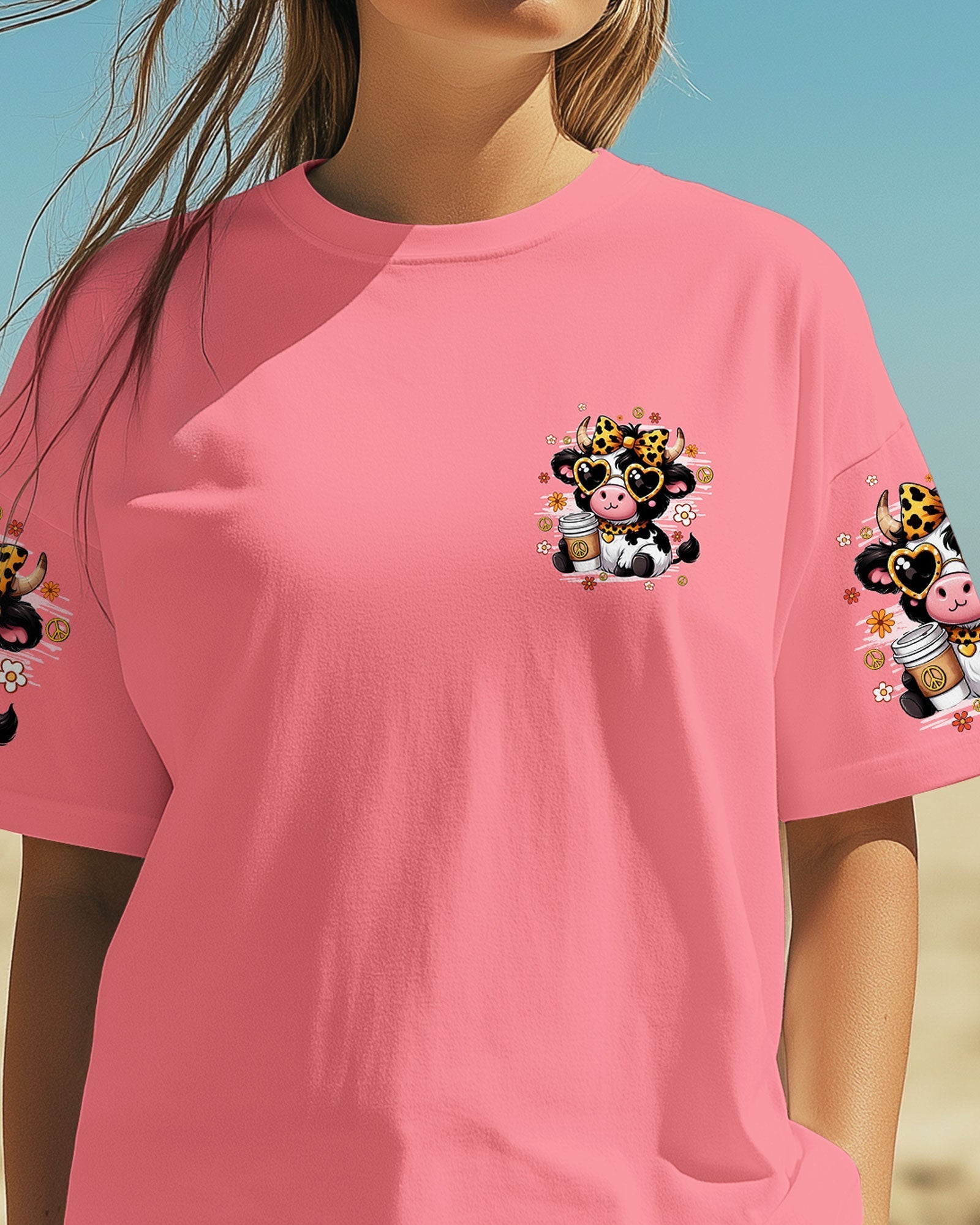 Heifer Be Tripping Funny Pink Cow Leopard Bow _26 Peace Sign AOP Shirts _16_ ue3vH