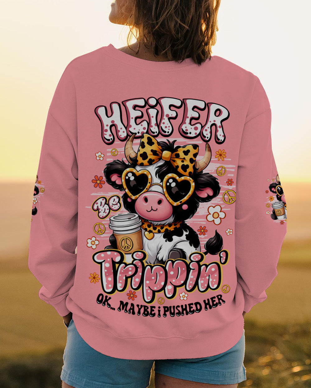 Heifer Be Tripping Funny Pink Cow Leopard Bow _26 Peace Sign AOP Shirts _7_ dYGf0