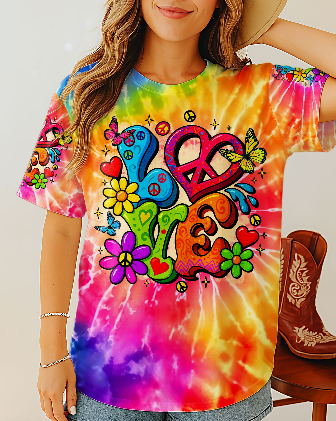 Hippie Love Tie Dye Colorful Flower Graphic Tee for Women AOP Shirts _2_ GkwAB