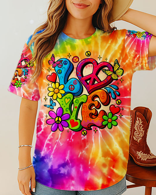 Hippie Love Tie Dye Colorful Flower Graphic Tee for Women AOP Shirts _2_ GkwAB