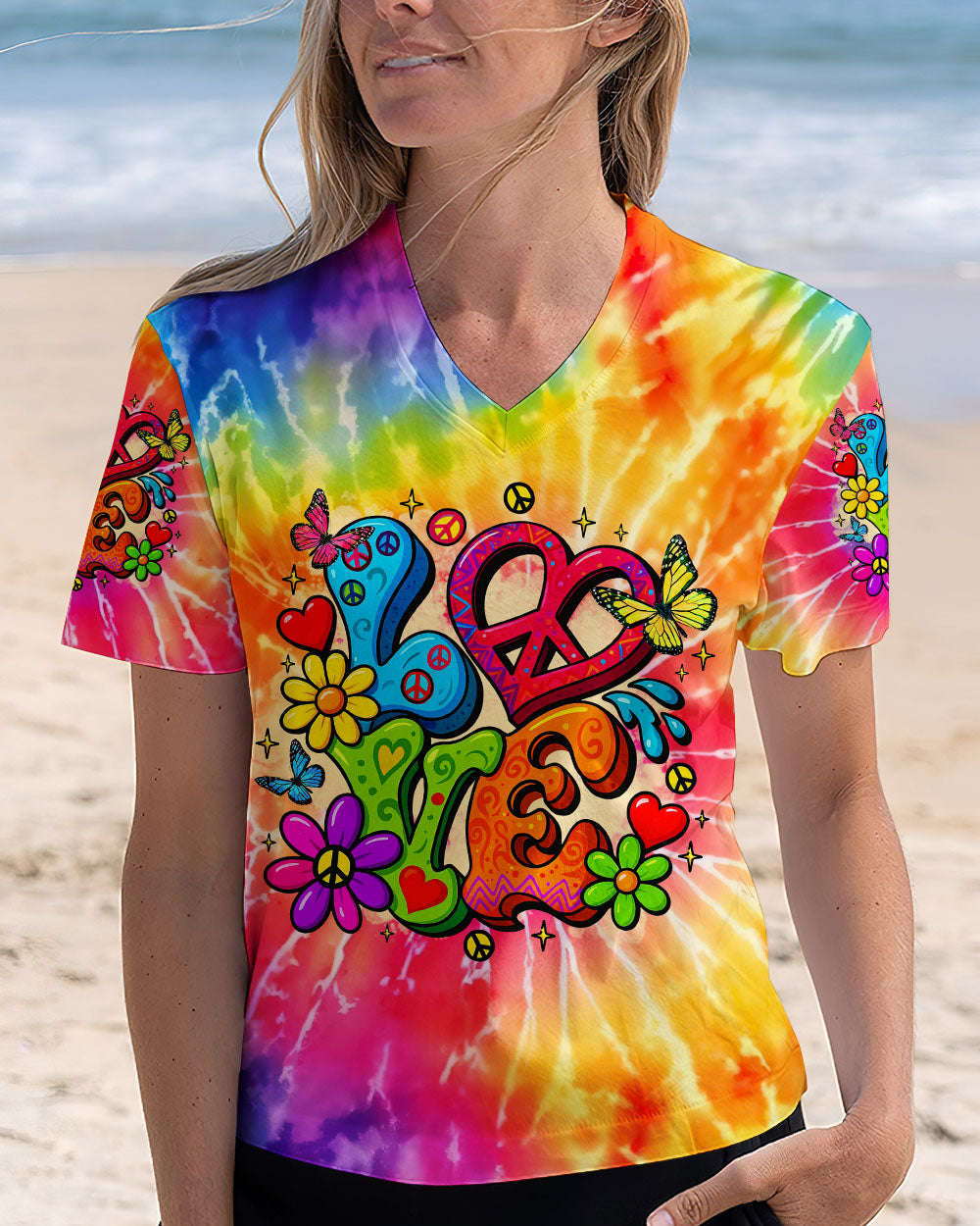 Hippie Love Tie Dye Colorful Flower Graphic Tee for Women AOP Shirts _3_ zSc1g