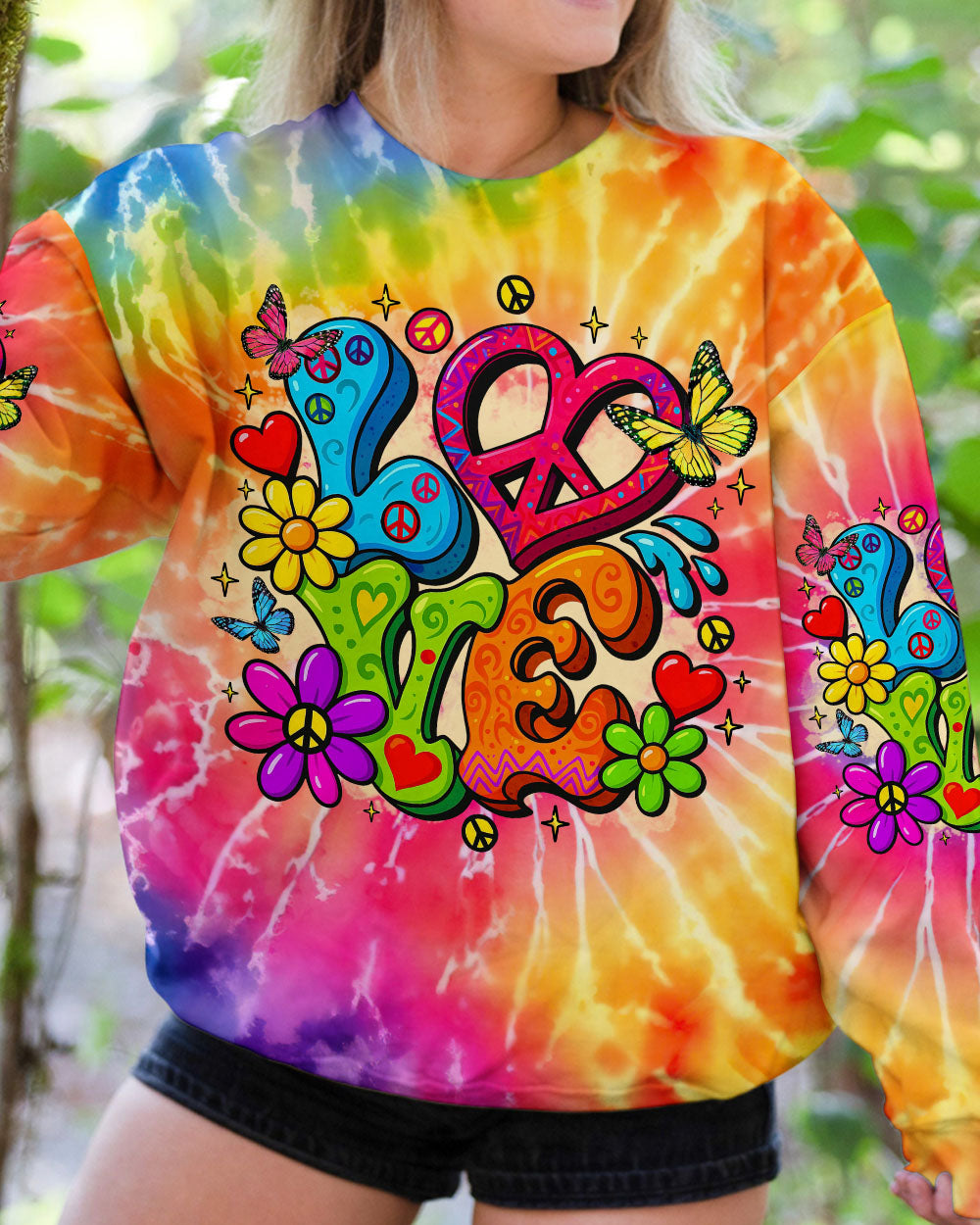 Hippie Love Tie Dye Colorful Flower Graphic Tee for Women AOP Shirts _5_ y1sOL