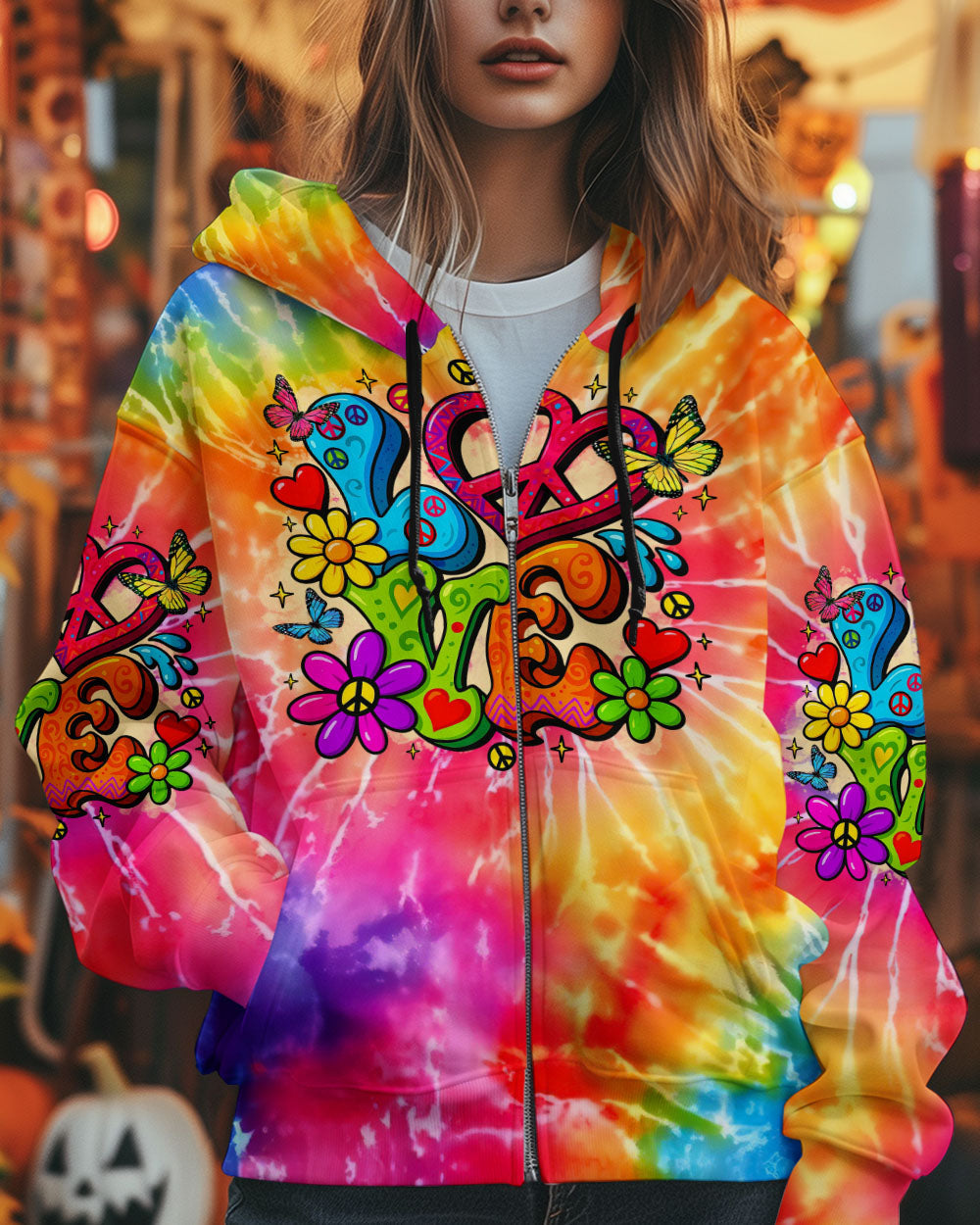 Hippie Love Tie Dye Colorful Flower Graphic Tee for Women AOP Shirts _6_ p58Py